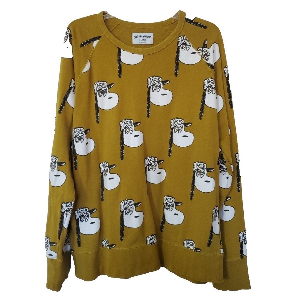 FA Fcking Awesome Acid Snoopy Sweatshirt Mens XL Mustard Yellow Graphic Pullover